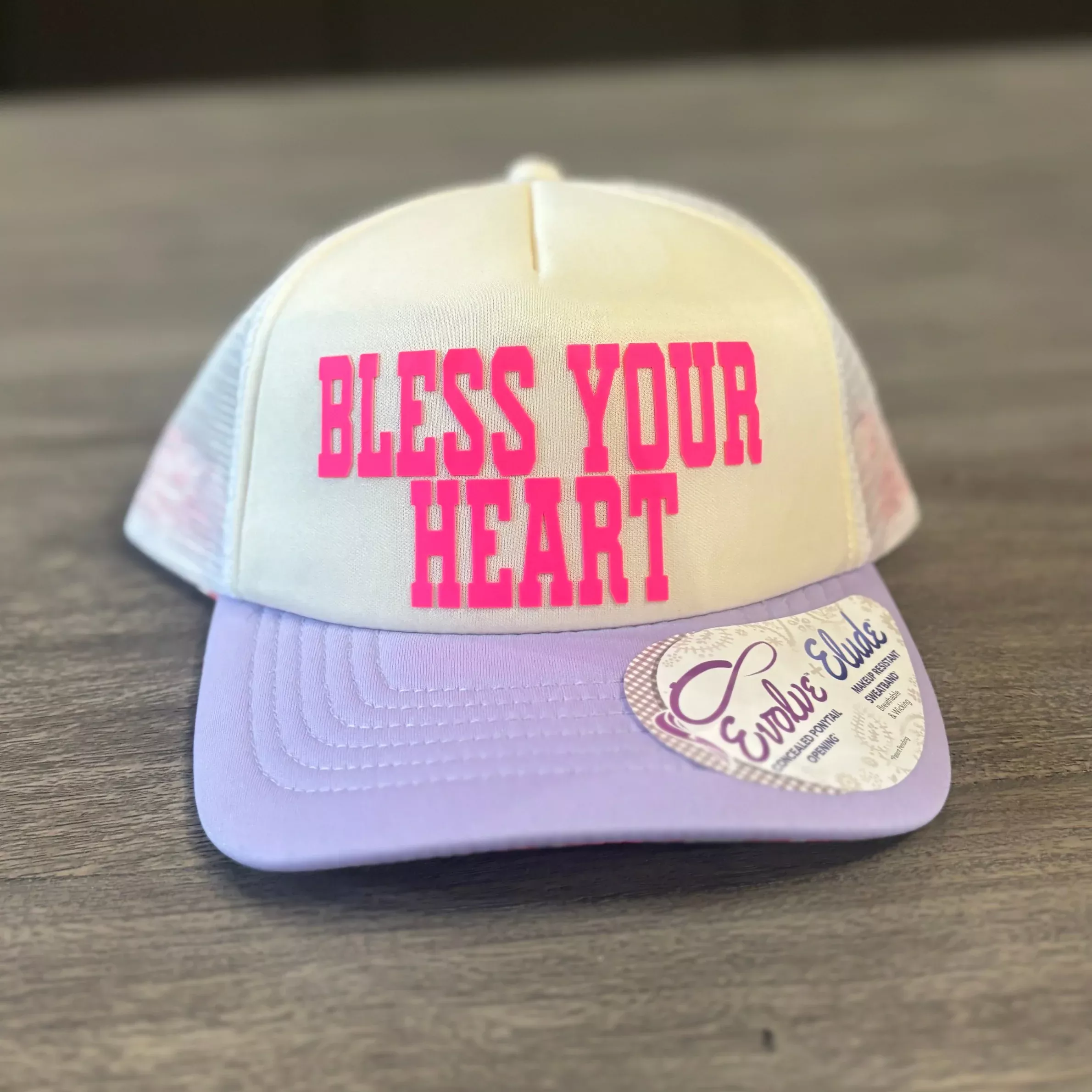 “Bless Your Heart” Evolve Trucker Hat – Light Purple, White & Pink Snapback