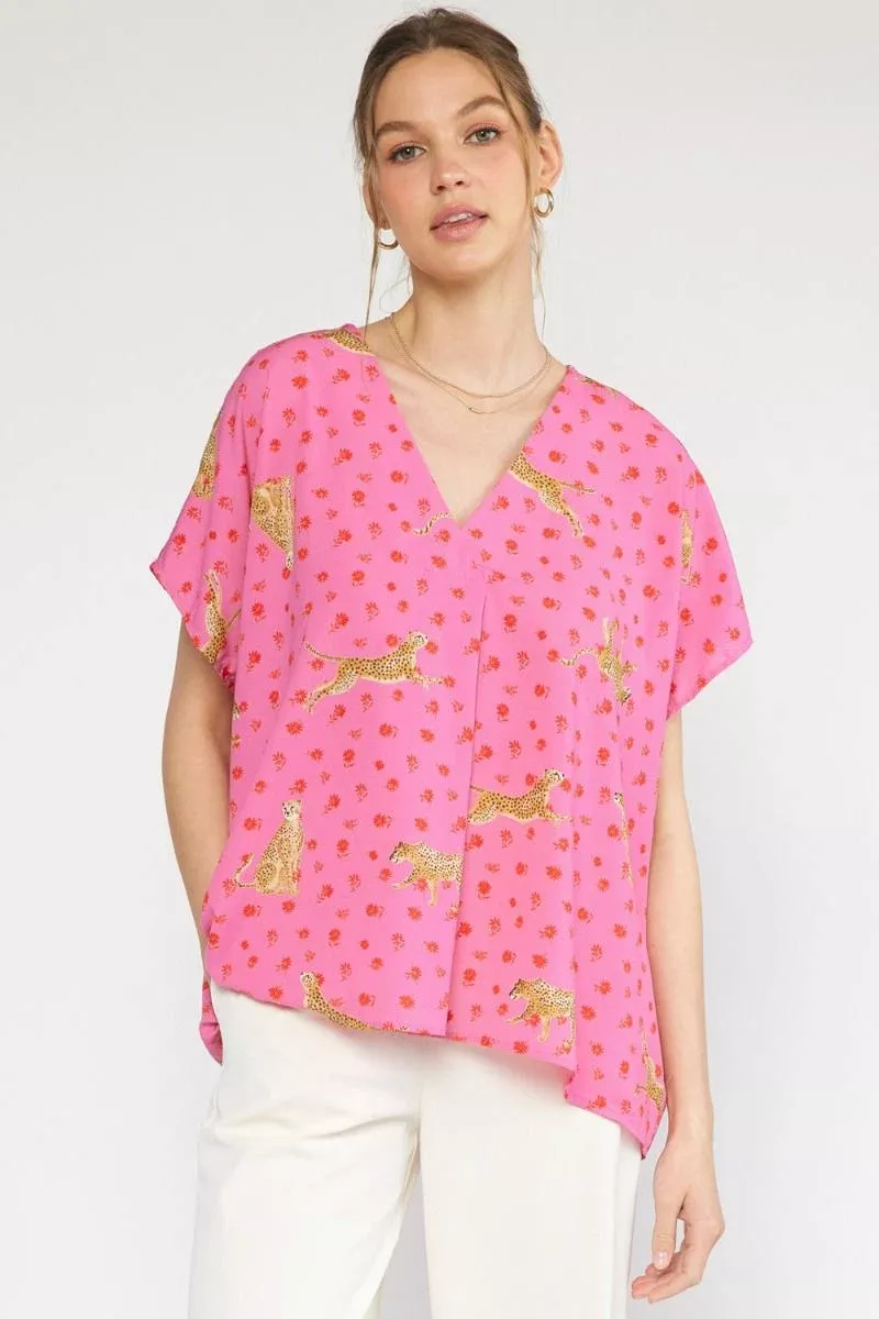 Cheetah and Floral Print V Neck Top