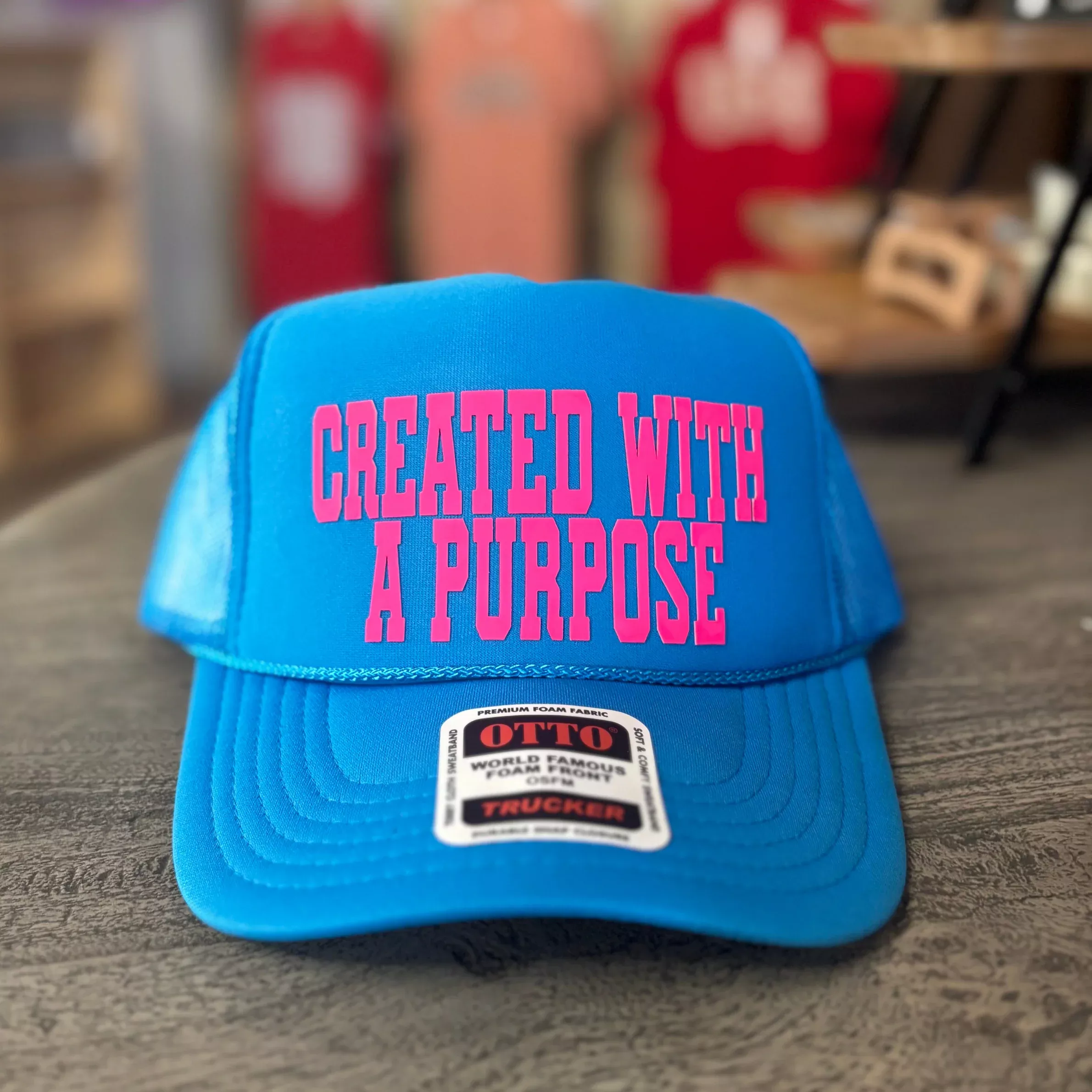 “Created with a Purpose” Otto Trucker Hat – Neon Pink & Blue Faith Cap