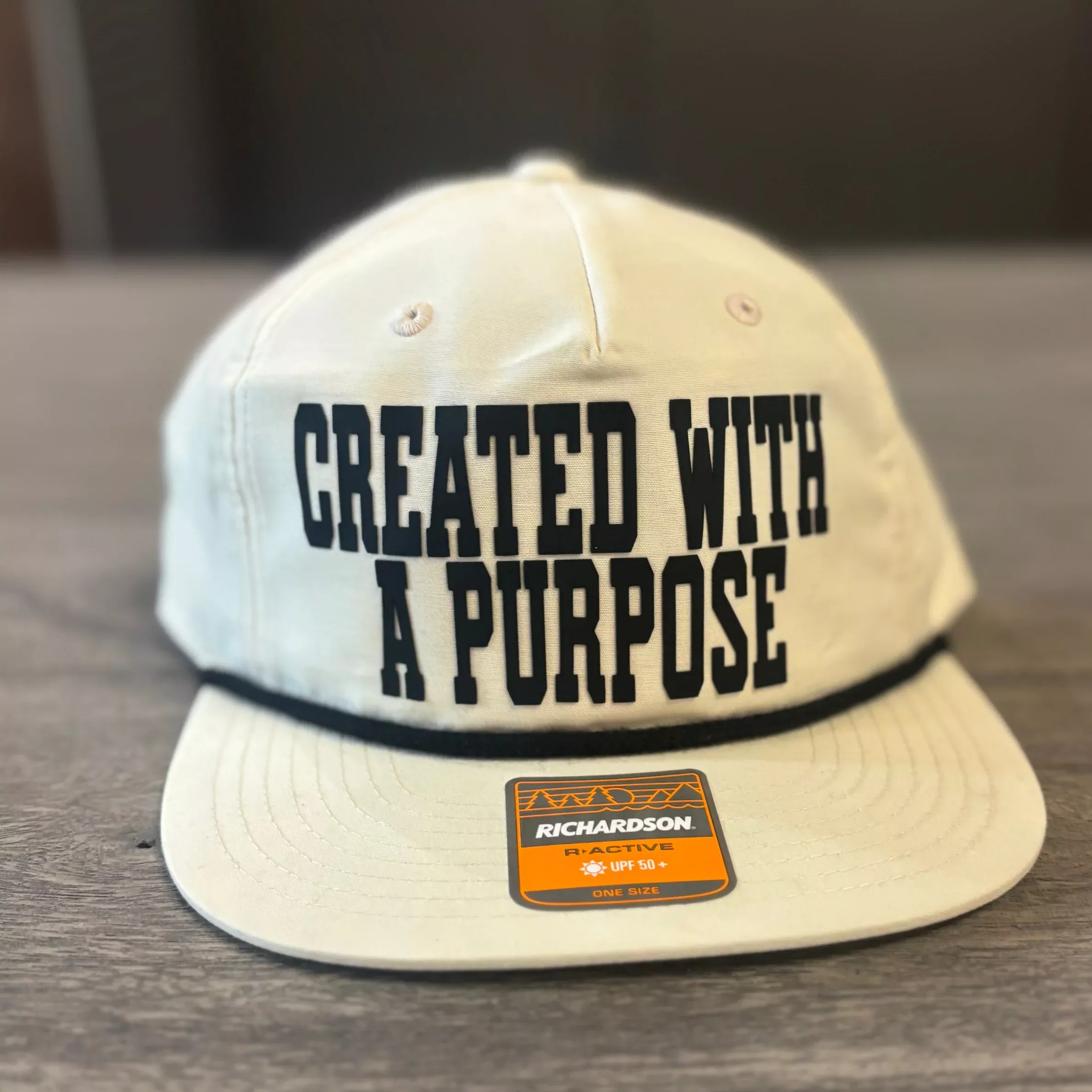 “Created with a Purpose” Richardson Hat – Tan & Black Faith Trucker Cap