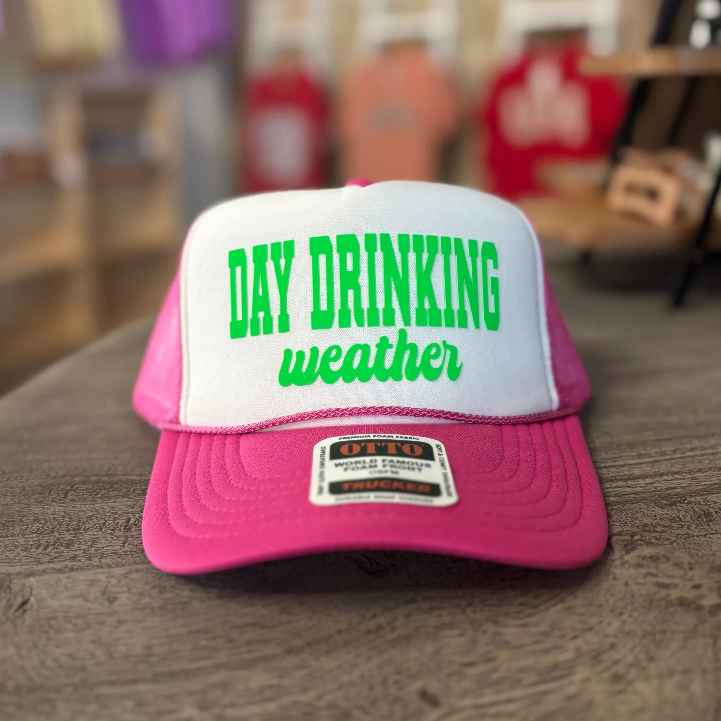 “Day Drinking Weather” Otto Trucker Hat – Neon Pink, Green & White Party Cap
