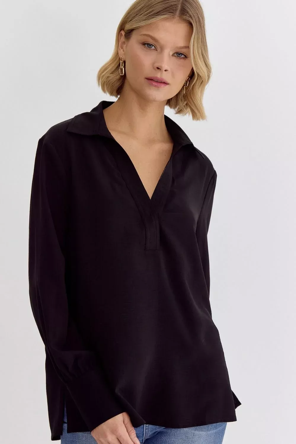 Hayven V Neck Long Sleeve Blouse Black