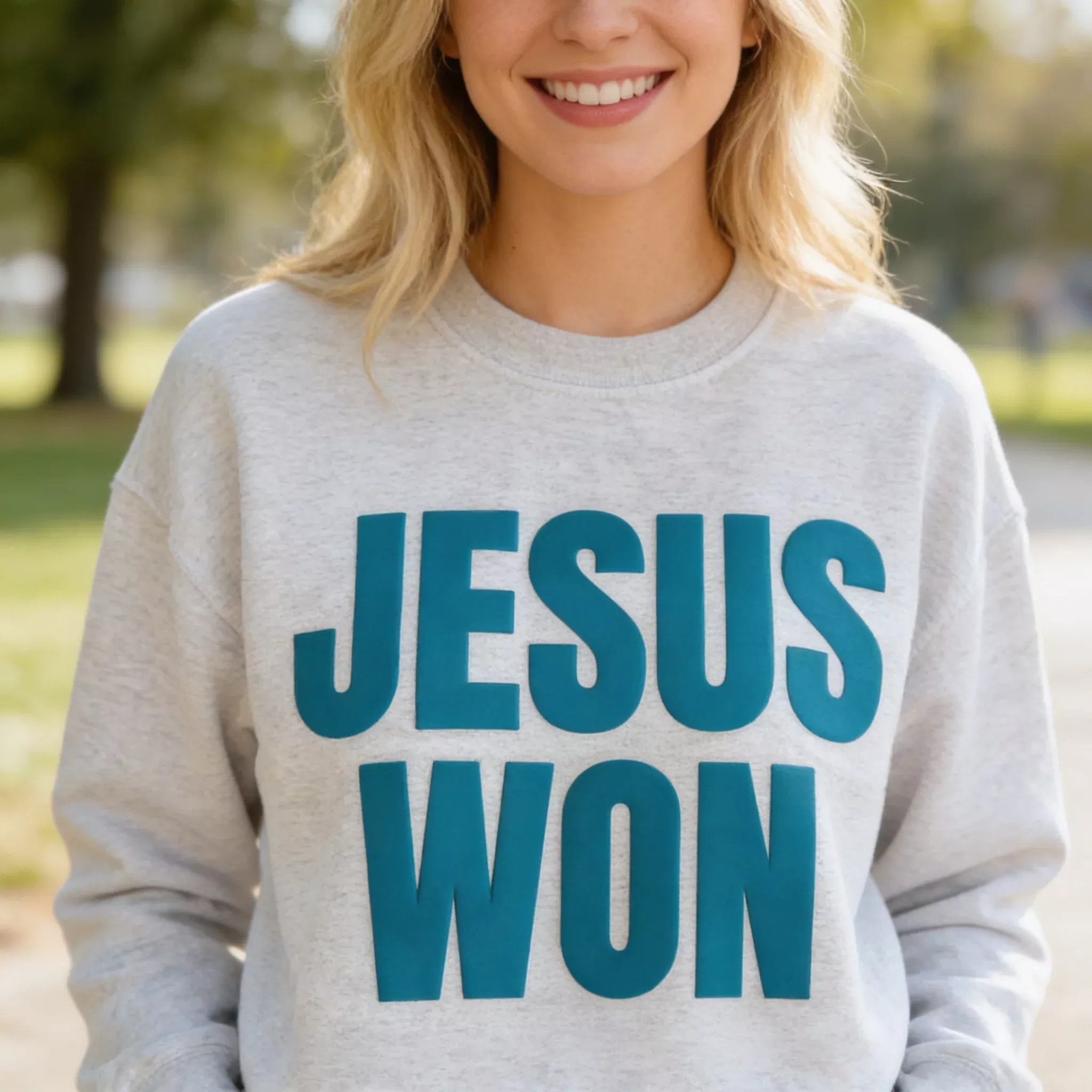 Jesus Won Sweatshirt | Christian Puff Print Crewneck | Oversized Comfy Church Sweat | Boho Faith Embossed 3D Jesus Sweatshirt