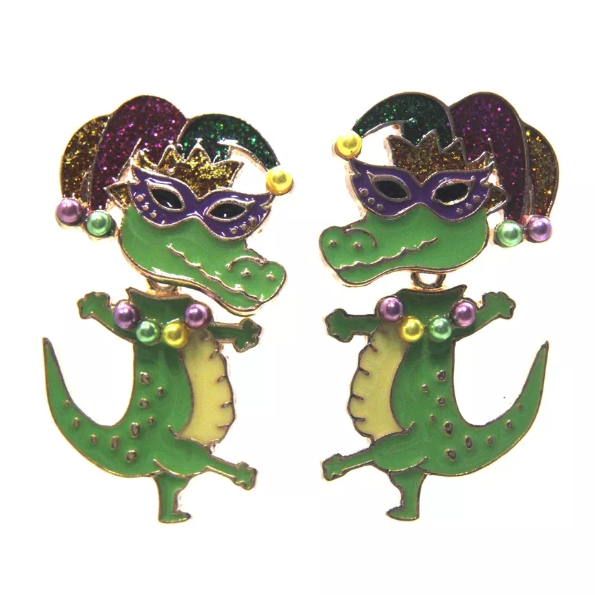 Mardi Gras Alligator Dangle Earrings