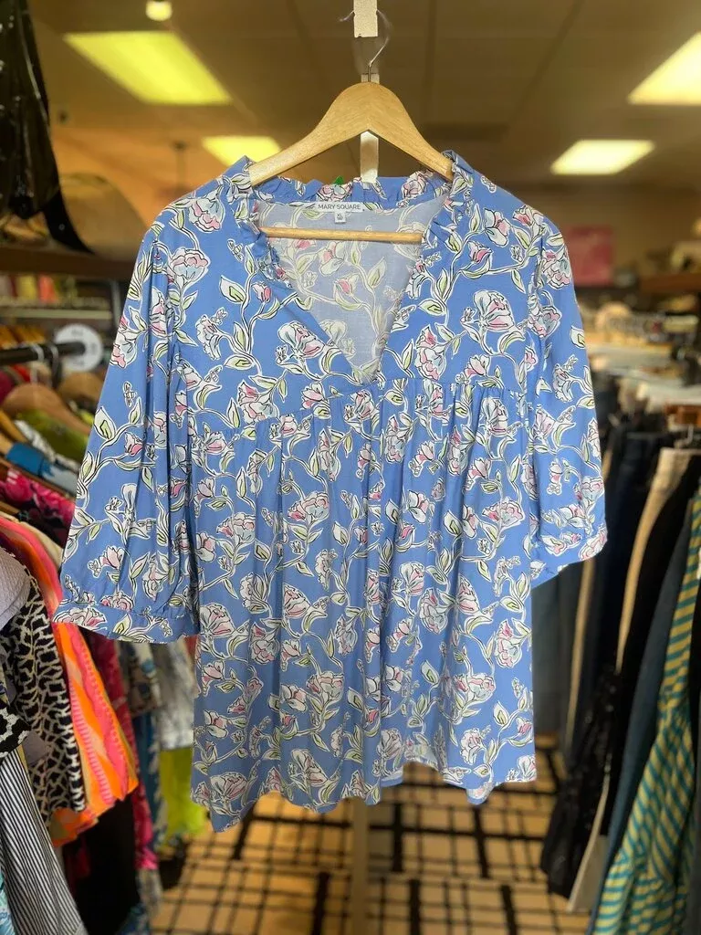 Mary Square - Floral Print Top - Blue