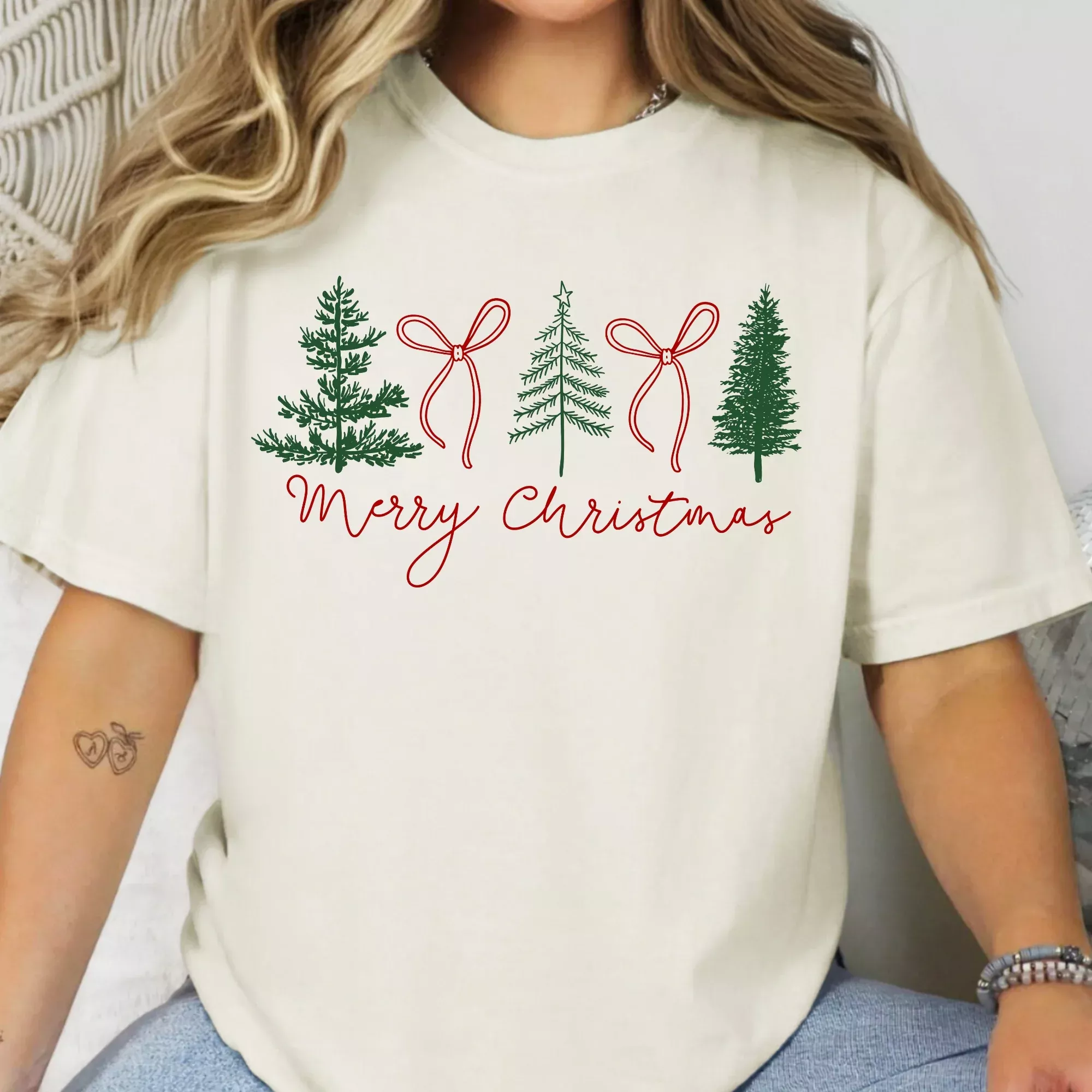 Merry Christmas Red Bows & Evergreen Trees Tee Comfort Colors
