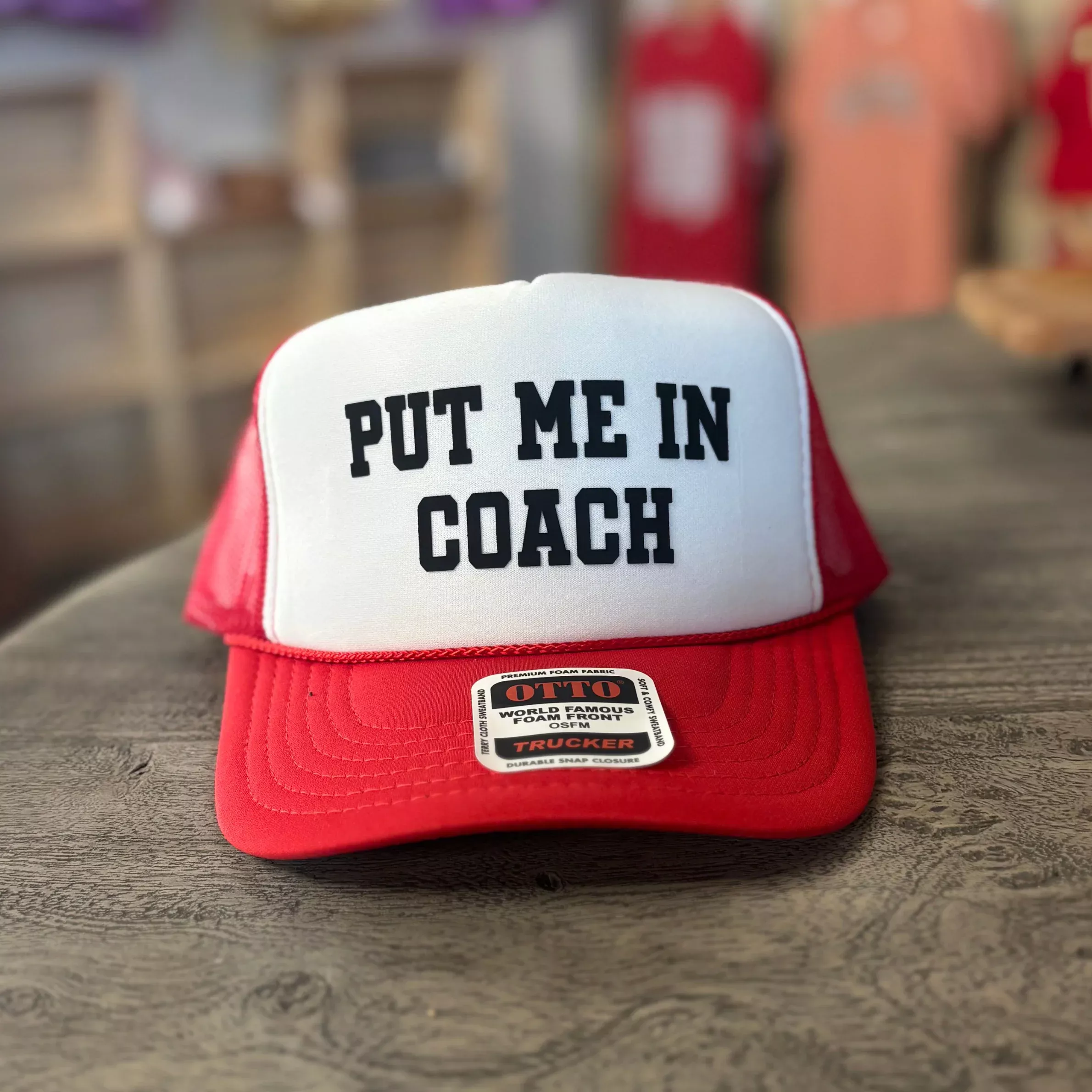 “Put Me In Coach” Otto Trucker Hat – Red, White & Black Snapback