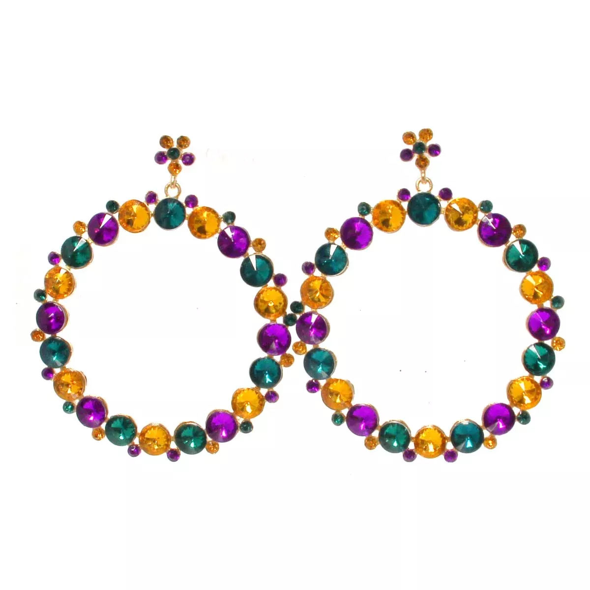Round Purple/Green/Gold Crystal Earrings, 3", Mardi Gras