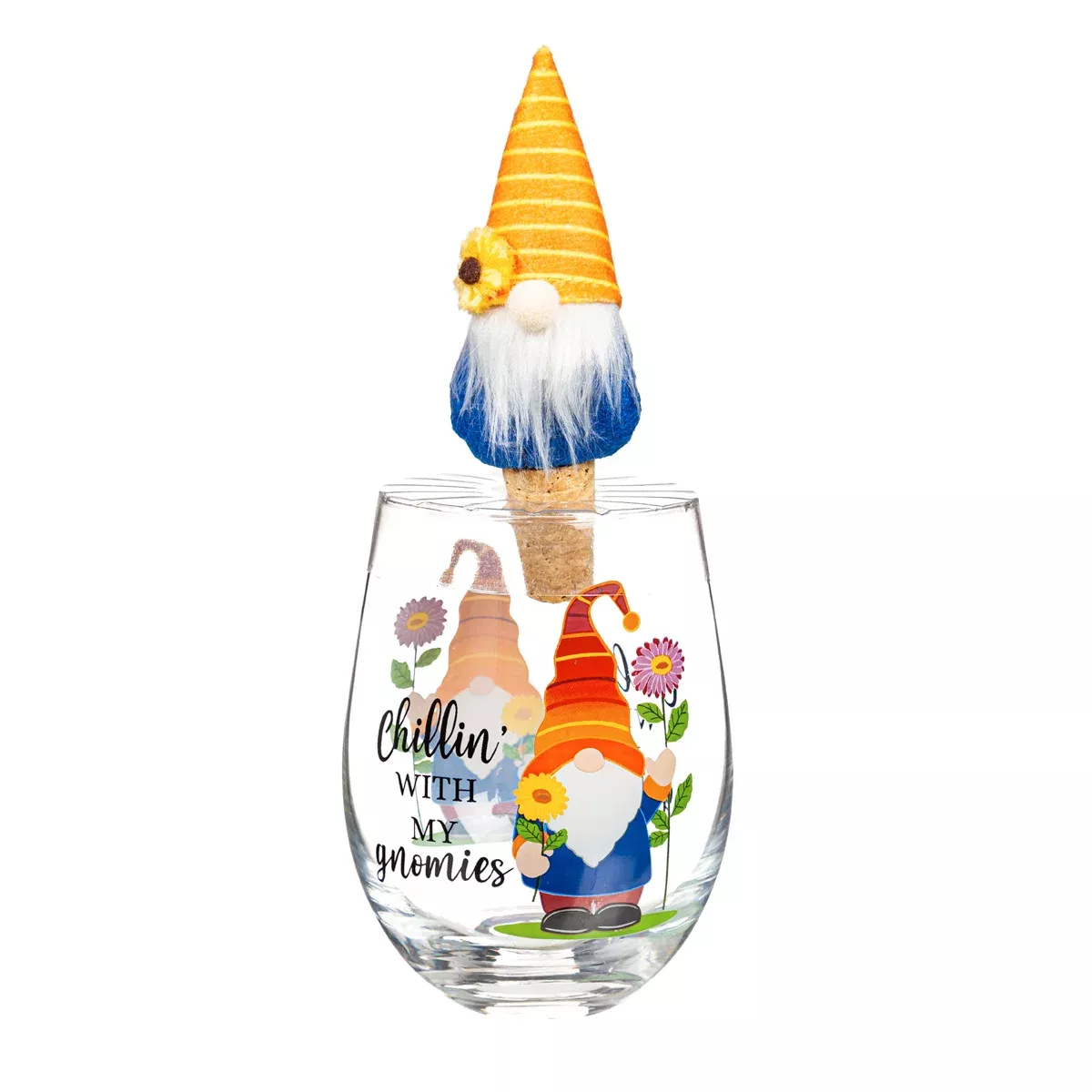 Stemless Glass with Garden Gnome Stopper, Chillin with my Gnomies, Gift Set