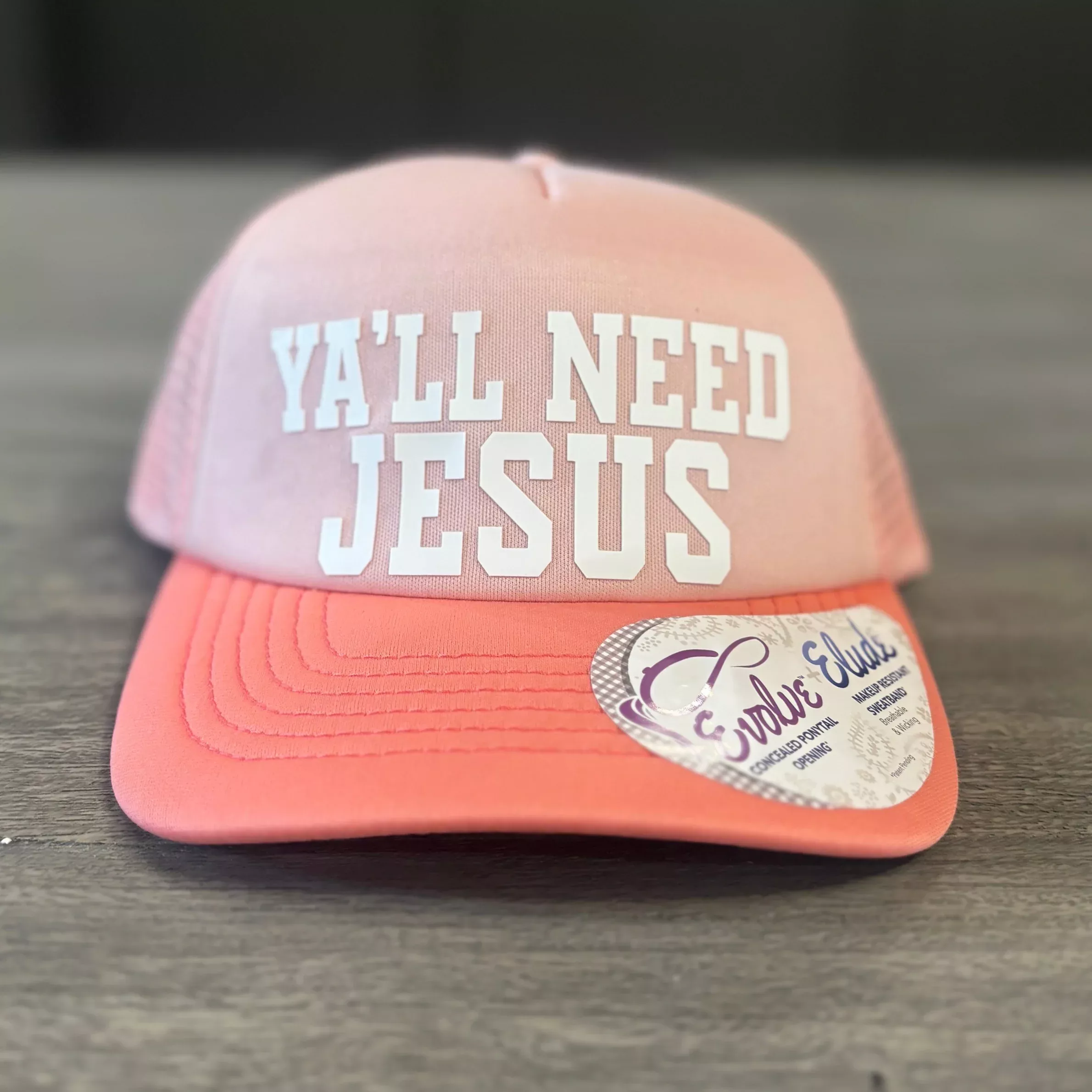 “Y’all Need Jesus” Evolve Trucker Hat – Peachy Pink Faith Snapback